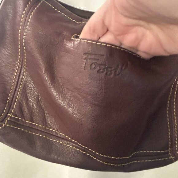 Vintage Fossil Brown Leather Shoulder Boho Bag Purse Silver Key Charm Zip - Picture 10 of 15